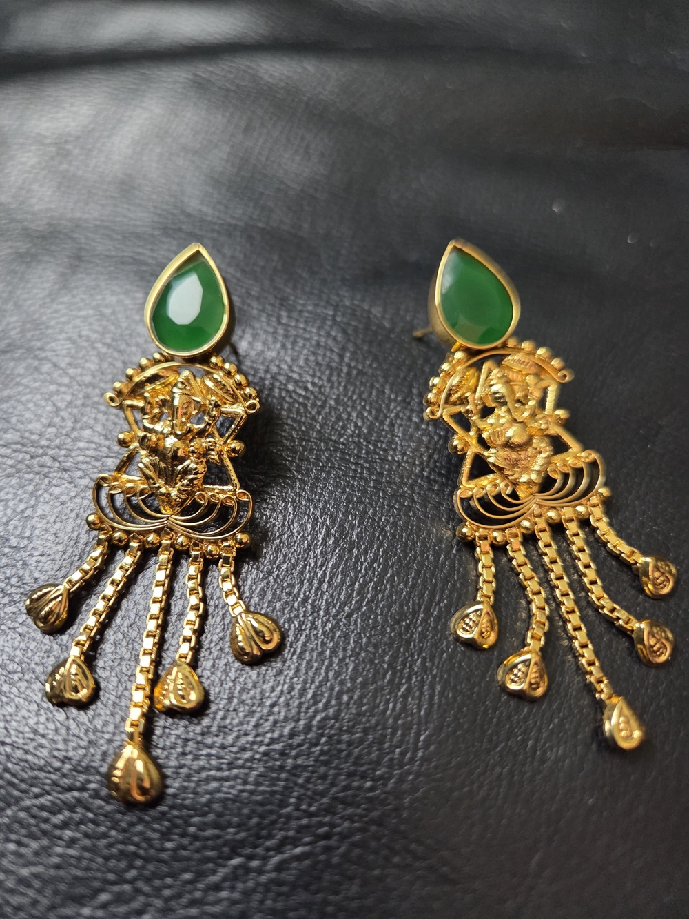 Gold GF 22 k Dangle Earrings with Green Teardrop Stone - Women Jewelry